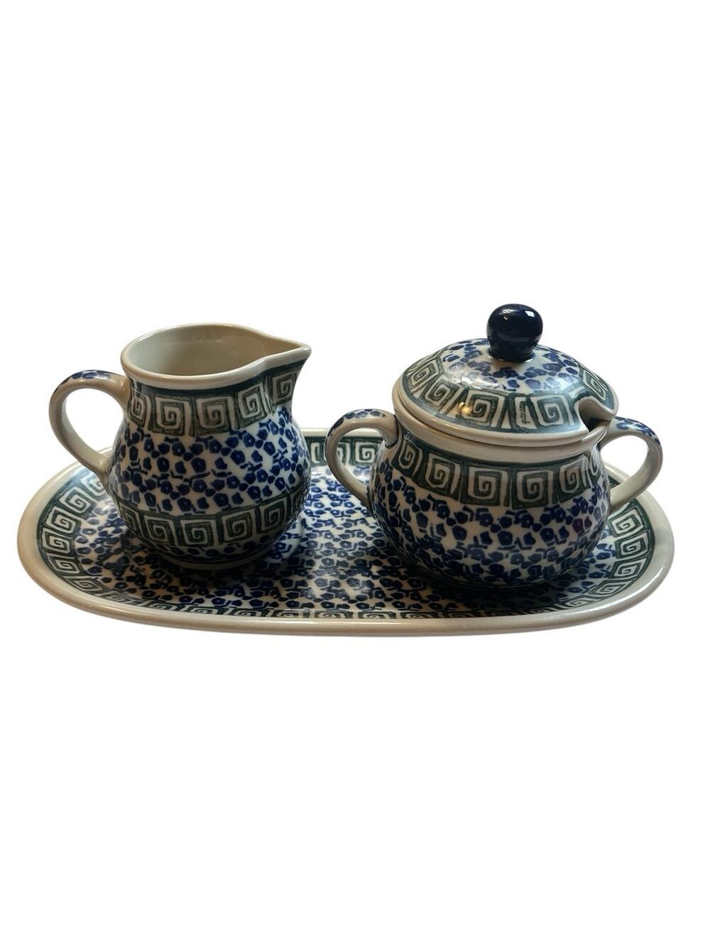 Vintage Boleslawi Polish Pottery Covered Sugar, Creamer Tray 3 Piece Blue White